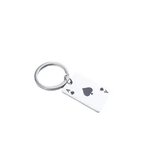 Minimalist stainless steel Ace of Spades poker card keychain with silver metal ring