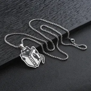 Collier avec pendentif chat noir lisant un livre en acier inoxydable mignon