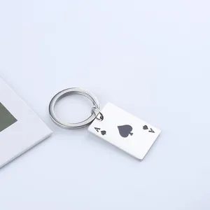 Stainless steel keychain with Ace of Spades poker card design in silver and black finish