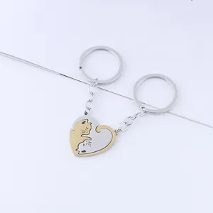 Ζευγάρι μπρελόκ γάτα από ανοξείδωτο ατσάλι σε σχήμα καρδιάς χρυσό και ασημί