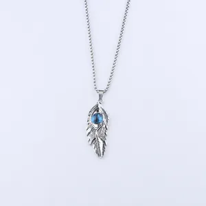 Detail showing the 57mm feather wing pendant with blue evil eye and dimensions on white background