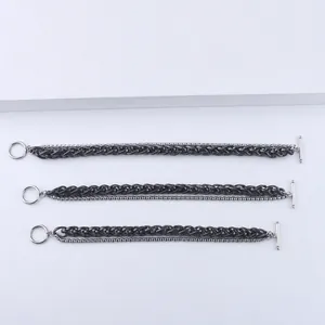 Detail view of double-layer stainless steel bracelet showing sizes 17cm to 21cm