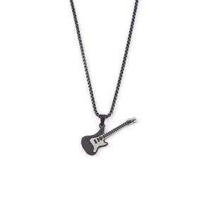 Macro detail of 3mm chain and 51x18mm guitar pendant in black stainless steel