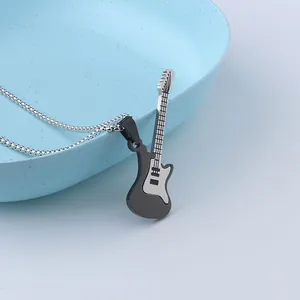 Detailed close-up of a stainless steel electric guitar pendant with fine pickup details