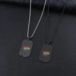 Collar con Colgante de Etiqueta de Perro de Arcoíris de Acero Inoxidable para Hombre Mujer Negro Mate Joyería Pride Geométrica Regalo Cadena de Caja Larga Cadena de Bolas