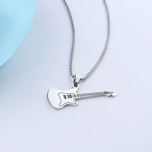 Detailed view of silver electric guitar pendant with polished finish and box chain