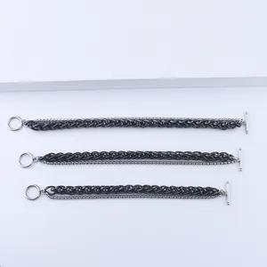 Herren Doppelarmband mit schwarzer Kielkette und silberner Gliederkette mit OT-Verschluss