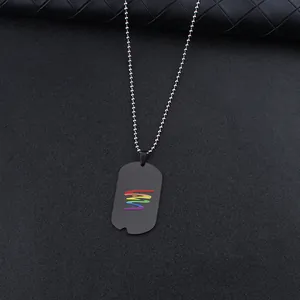 Collar de placa militar negra para hombre con diseño de arcoíris y cadena de bolas