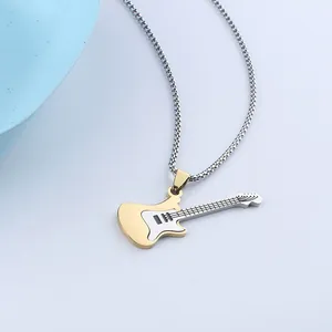 Macro detail of bicolored electric guitar pendant with polished silver box chain