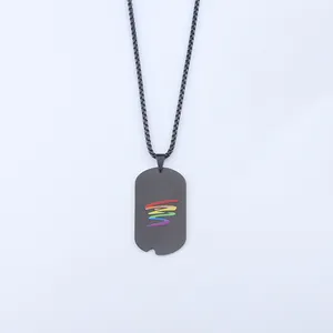 Collar de placa militar negra en acero inoxidable con diseño de arcoíris