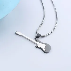 Close-up of guitar pendant necklace in silver and black stainless steel with bead chain