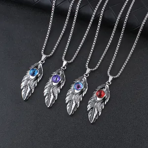 Stainless Steel Feather Evil Eye Pendant Necklace For Men Women Retro Hip Hop Gothic Jewelry Long Box Chain Antique Silver Necklaces