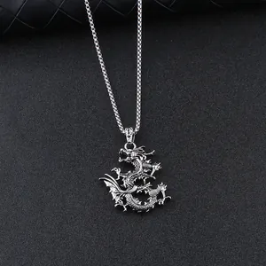 Detailed close-up of a sculpted dragon pendant necklace with polished metallic scales