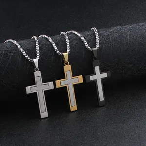 Two Tone Stainless Steel Cross Pendant Necklace Double Layered Titanium Steel Hip Hop Punk Jewelry For Men Unisex