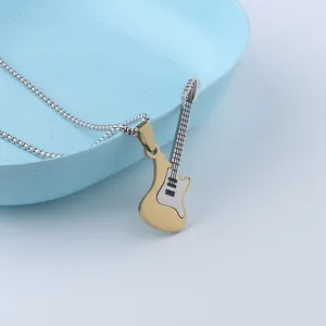Men's hip hop guitar pendant necklace with gold and silver stainless steel details