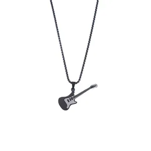 Hip hop style stainless steel guitar pendant necklace with black finish and link chain