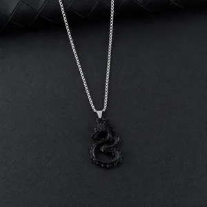 Detailed view of black dragon pendant with dimensions 46x26mm on silver bead chain