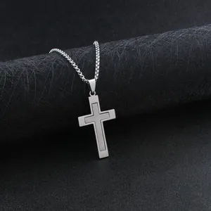 Silver two-tone stainless steel cross pendant necklace with box chain for men
