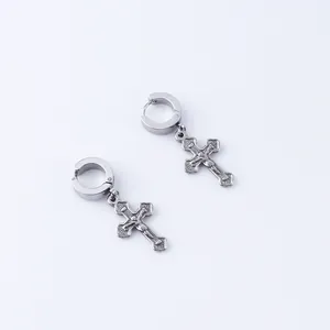 Stainless Steel Cross Dangle Clip On Hoop Earrings For Men Women No Piercing Ear Cartilage Gothic Religious Jewelry Single Piece