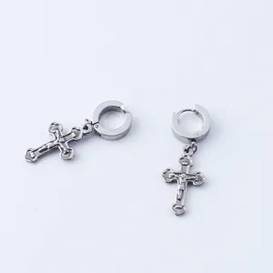 Gothic style stainless steel cross dangle earrings for men and women on white background