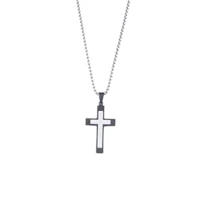 Minimalist men's titanium steel two-tone cross pendant necklace with pearl chain link
