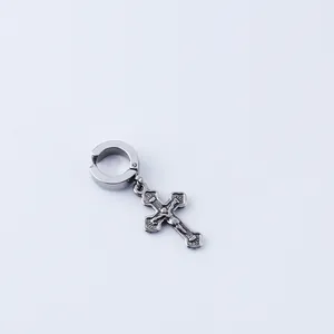 Unisex stainless steel cross ear cuff featuring vintage gothic textures and clip-on design