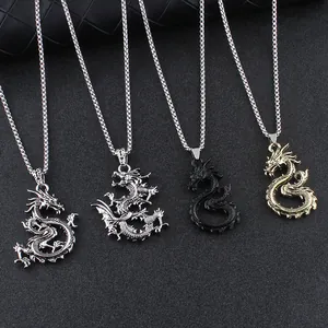 Retro Stainless Steel Dragon Pendant Necklace For Men Alloy Carved Dragon Jewelry With Box Chain Punk Hip Hop Style Gift