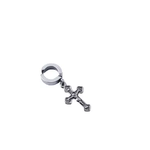 Vintage silver stainless steel cross drop earrings with minimalist hoop for men and women