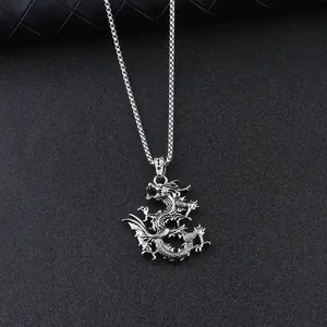 Silver dragon pendant necklace for men with intricate scales and sturdy box chain link