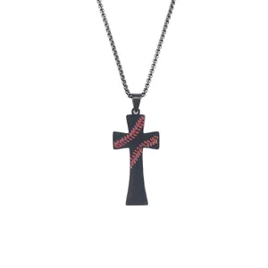 Schwarze Edelstahl-Kreuzhalskette im Baseball-Stil mit roten Nähten für Damen und Herren