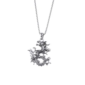 Retro silver dragon pendant necklace with box chain for men and women