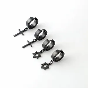 Detailed dimensions of black stainless steel cross and star charm hoop earrings
