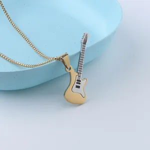 Two-tone electric guitar pendant necklace with golden box chain in stainless steel