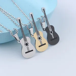 Fashion Stainless Steel Guitar Pendant Necklace For Men Women Hip Hop Music Jewelry With 60cm Chain Musician Lover Gift