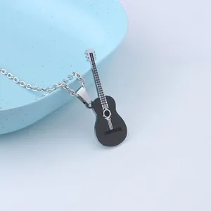 Mens stainless steel guitar pendant necklace with black and silver music theme detail