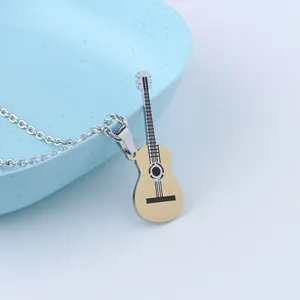 Cool stainless steel guitar pendant necklace with gold and silver two-tone music design