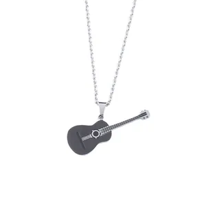 Men's hip hop guitar pendant necklace in black and silver stainless steel with chain