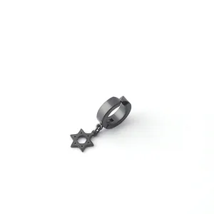 Close-up of black stainless steel hoop earring featuring a hexagram star pendant charm