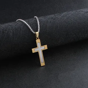Two-tone gold and silver stainless steel cross pendant necklace with brushed finish