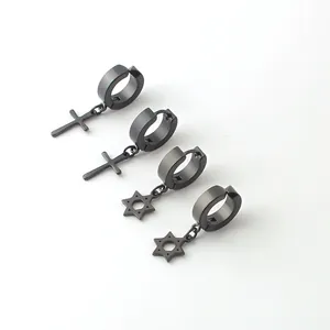 Stainless Steel Cross Hexagram Dangle Hoop Earrings For Men Women Punk Gothic Black Silver Ear Cuff No Piercing Jewelry Gift