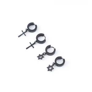 Men's black stainless steel hoop earrings set with cross and star of David pendants