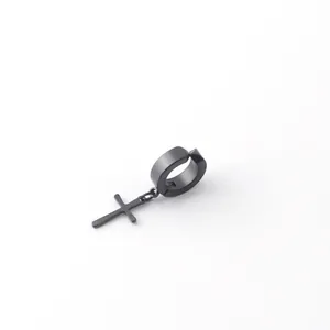Men's matte black stainless steel huggie hoop earring with a cross pendant charm