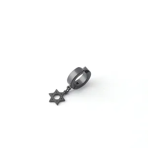 Men's black stainless steel hoop earrings with a hexagon star dangle charm on white background