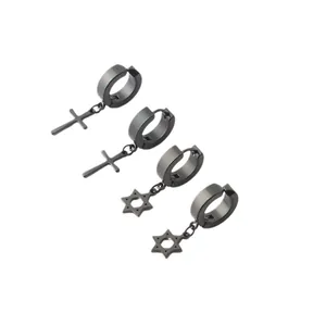 Set of black matte stainless steel huggie hoop earrings with cross and star charms