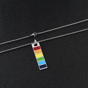 Macro detail of rainbow rectangular pendant on stainless steel box chain with lobster clasp