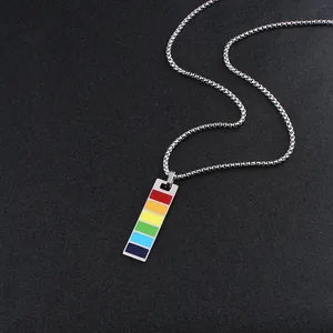 Rainbow rectangle pendant necklace for men and women on high-quality box chain