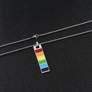 Rainbow rectangle pendant necklace in silver box chain with lobster clasp for men and women