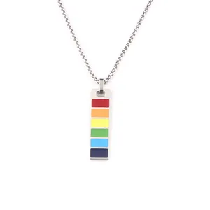 Rainbow rectangle pendant necklace in polished stainless steel with box chain for men