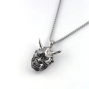 Vintage silver Hannya mask pendant on a box chain for men made of stainless steel