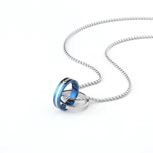 Herren-Halskette mit doppelten Ringen, blauem und silbernem Anhänger und Box-Kette